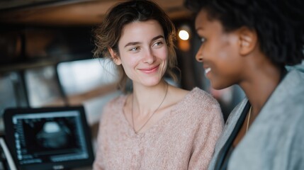 A women’s health mobile clinic offering prenatal checks, midwife using portable ultrasound scanning inside a warm, well-lit interior — maternal care access, mobile prenatal services, and supportive