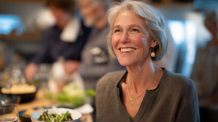 A senior woman laughing with friends during a healthy cooking workshop, bowls of fresh ingredients spread across a communal table — social wellness, nutrition education, and community-based senior