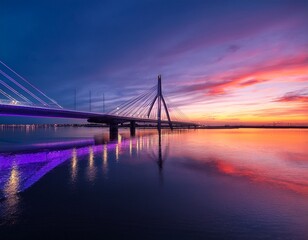 Obraz premium a stunning twilight view of a modern bridge with vibrant hues of purple and orange reflecting on the water