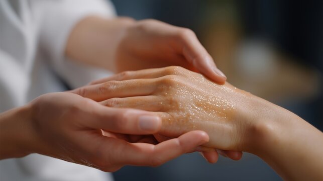 A burn survivor receiving specialized moisturizing treatment in a dermatology clinic, gentle hands applying medical balm to carefully healed skin — skin recovery, compassionate care, and long-term
