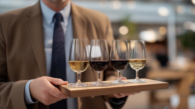 A sommelier guiding guests through a curated wine flight, each glass arranged in a gradient of colors on a wooden board with handwritten tasting notes — wine education, palate development, and