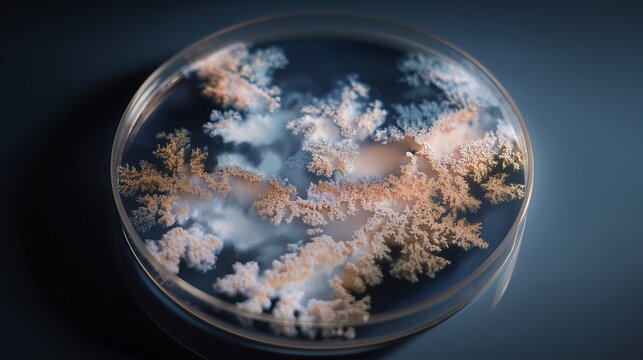 A petri dish photographed up close with multicolored bacteria cultures forming fractal-like edges, creating abstract scientific art — microbial pattern analysis, biological texture, and