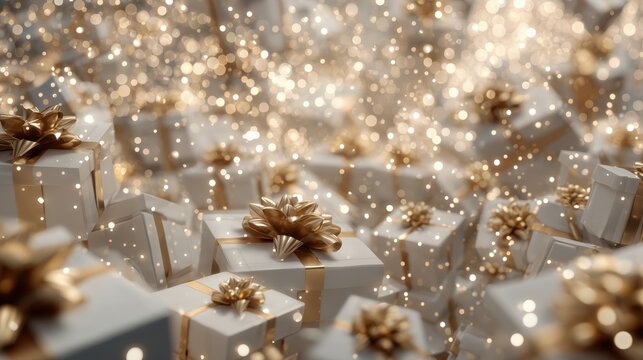 Vibrant gift boxes flying amid glittering confetti and sparkles, perfect for cheerful Christmas promotions, festive banners and holiday joy campaigns.