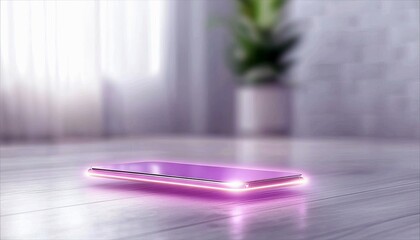 A futuristic smartphone with a glowing edge lies on a wooden floor, with a blurred background of a room with a plant and a window.