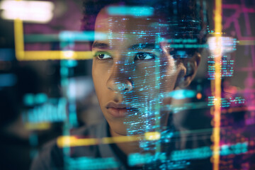 School student using virtual AI artificial intelligence technology & machine learning. Interactive technology in uni classroom. Innovation & smart tech. AI hologram in education & gaming. futuristic	