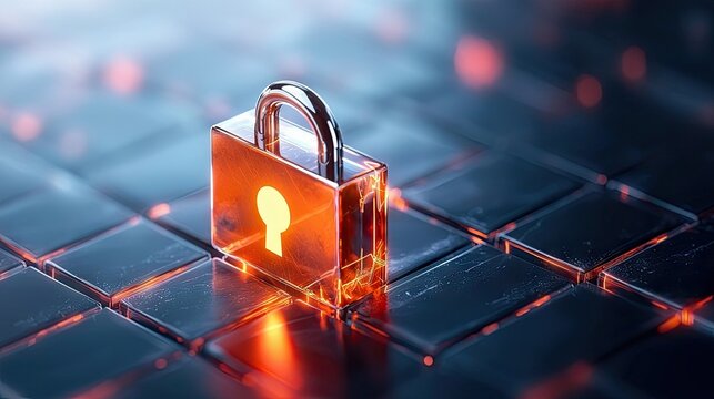 A glowing padlock sits on a dark, abstract surface, representing cyber security and data protection.