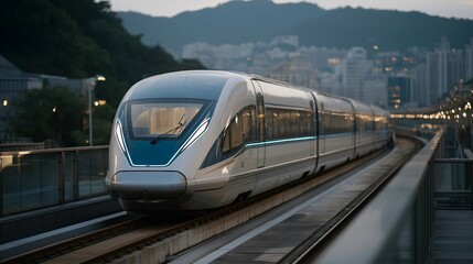 Naklejka premium A futuristic maglev train gliding silently above its track at sunrise, blue underglow reflecting on polished metal as commuters witness frictionless speed — magnetic levitation transportation,