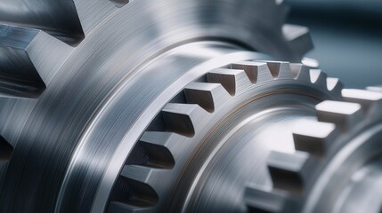 A close-up of brushed stainless steel machinery gears rotating in perfect synchronization, subtle oil sheen catching the light &mdash; precision engineering, industrial durability, and high-performance