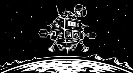 Detailed Lunar Lander Illustration in Black and White. © azziza