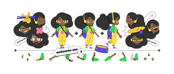 Fototapeta premium School Drummer Girl Animation Kit With Multiple Poses, Interchangeable Hands, Emotions And Bonus Stickers. Afro Cartoon Character For Fun Creative Projects, Education And Media Use