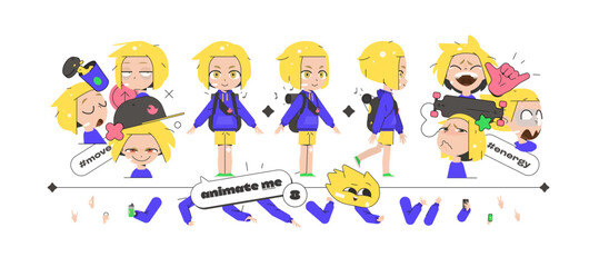 Skater Boy School Animation Kit with Interchangeable Arm Poses, Six Expressions, Backpack and Skateboard Props for Urban Cartoon Creative Projects and Design