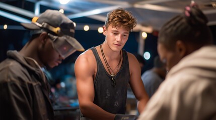 A welding instructor demonstrating techniques to apprentices in a training facility, multiple torches glowing as students practice under supervision — vocational education, welding training, and