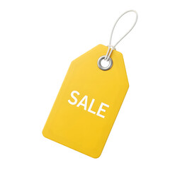 Bright yellow sale tag with white text and string isolated on transparent background