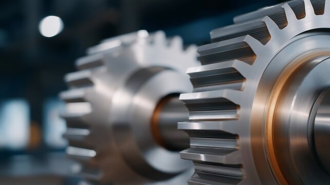 A close-up of brushed stainless steel machinery gears rotating in perfect synchronization, subtle oil sheen catching the light — precision engineering, industrial durability, and high-performance