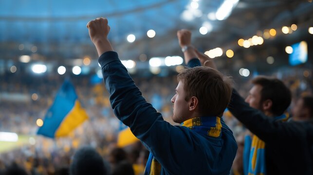 A vibrant fan zone packed with supporters wearing team colors, giant LED screens streaming the match as people wave scarves and flags under bright stadium lights — high-energy sports atmosphere,