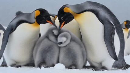 Emperor penguins huddling together with chock during snow blizzard in Antarctica. Represents penguin, emperor penguin, antarctica, snow, blizzard, cold, winter. - Powered by Adobe