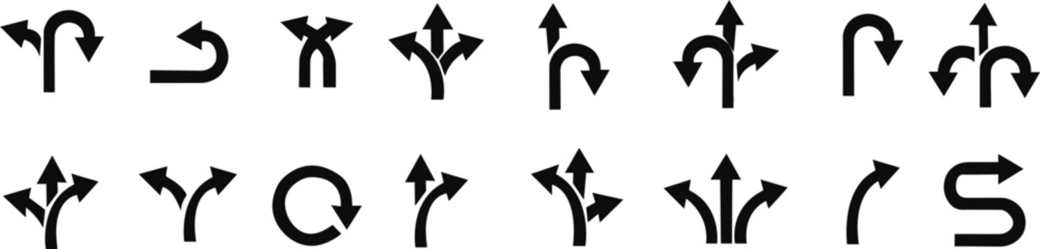 Way direction arrow sign icon set Way direction arrow sign icon set. three arrow, way sign, road direction icon vector. three-way direction arrow sign.Way pointer symbol. Turn arrow navigation sign 