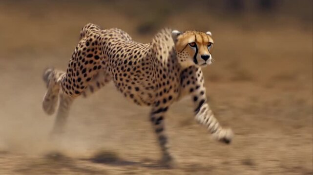 Cheetah running at full speed across African savanna with dust kicking up, cinematic low angle tracking shot. Represents wildlife, nature, animal, running, speed.