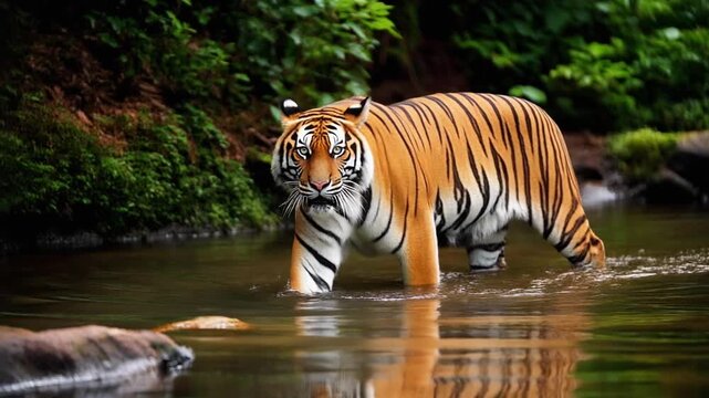 Majestic Bengal tiger walking through jungle stream with reflection in tropical rainforest. Represents wildlife, nature, animal, predator, wilderness.