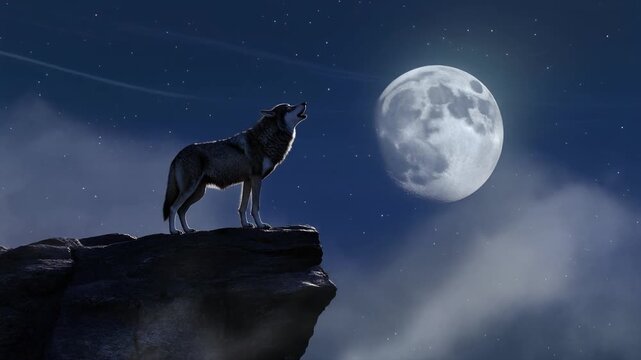 Silhouette of grey wolf howling at full moon on rocky cliff at night with dramatic lighting. Represents wildlife, nature, animal, howling, night, wilderness, predator.