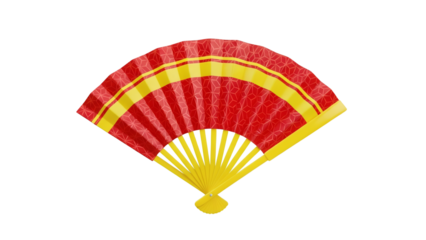 Vibrant Red and Yellow Japanese Hand Fan Open With Textured Fabric Detailed Pleats and Wooden Handle Isolated on Transparent Background for Cultural Decor