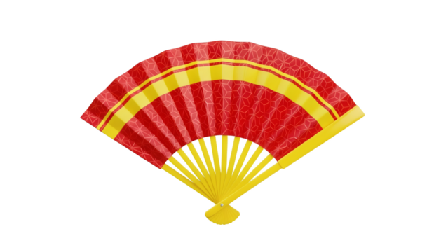 Vibrant Red and Yellow Japanese Hand Fan Open With Textured Fabric Detailed Pleats and Wooden Handle Isolated on Transparent Background for Cultural Decor