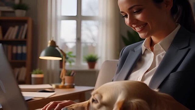 Working from home with golden retriever dog on lap using laptop for business and comfort break time