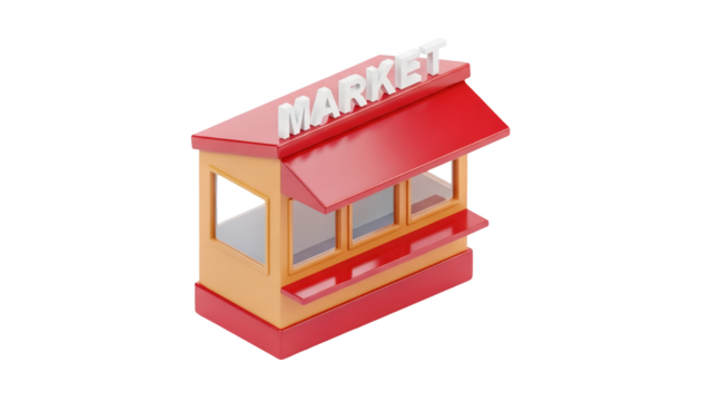 Small Red And Yellow Market Stall With The Word Market Written On Top Isolated On Black Background