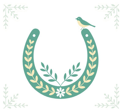 A decorative horseshoe symbol of good luck with a bird and floral elements. Minimalist flat design vector illustration. Folk art inspired graphic isolated on a white background.