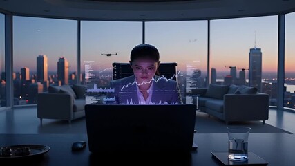 Stock market analysis by businesswoman using financial data and trading charts on screen - Powered by Adobe