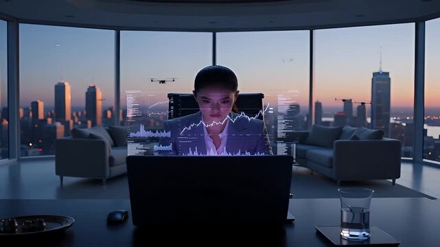 Stock market analysis by businesswoman using financial data and trading charts on screen - Powered by Adobe