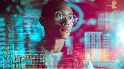 College student using virtual AI artificial intelligence technology & machine learning. Interactive technology in uni classroom. Innovation & smart tech. AI hologram in education & gaming. futuristic	