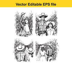 vector illustration set depicting four scenes of a cowboy family, including a man, woman, and child, standing in a cornfield setting, presented in a black and white sketch style