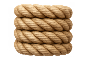 Closeup of heavy twisted hemp rope coil on transparent background representing nautical cordage and rustic strength