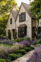 A delightful stone house nestled in a vibrant garden, adorned with blooming flowers that come alive beautifully in the warm afternoon light