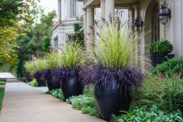 Decorative planters line a walkway outside a large building with a well-kept garden in the early afternoon light, showcasing various plants and greenery