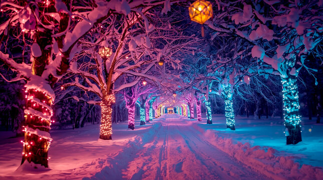 Magical winter pathway lined with snowy trees wrapped in vibrant neon Christmas lights, creating a glowing festive tunnel and colorful holiday atmosphere in a serene snowy landscape