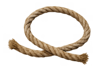 Twisted natural fiber rope forming a loop, brown cord with frayed ends, lasso concept, isolated on transparent background