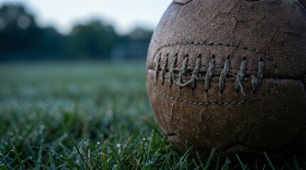 Weathered antique leather football rests upon dewy green grass field early morning