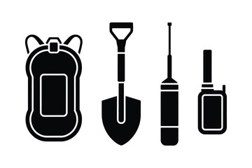 Survival gear set backpack shovel radio and walkie talkie icons