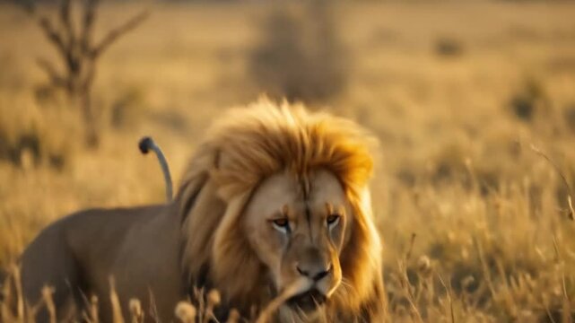 A majestic male lion roars across the African savannah, displaying wild animal behavior. 4k video