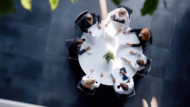 Business meeting in modern office with diverse team collaborating around circular table