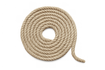 Coiled rope forming a spiral shape, natural twisted cord, fiber nautical gear, marine supply, isolated on transparent background