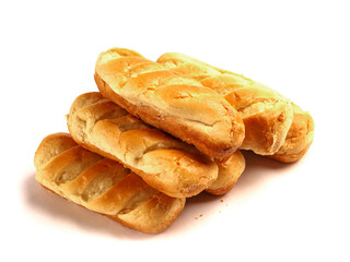 Stack of top quality French brioche rolls on white background. Fine gold and soft pastry product. Premium dessert.