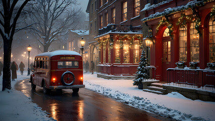 Snowy English town with red buildings and a small red bus in a vintage Christmas setting