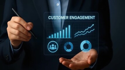 Customer engagement with business person holding digital interface displaying charts and graphs for data analysis marketing strategy and growth in digital business interface analytics - Powered by Adobe