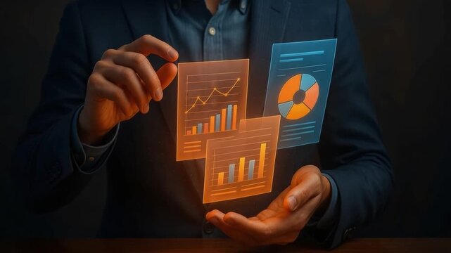 Businessman digital technology analysis with data chart graph presentation showcasing finance statistics growth innovation futuristic interface visualization hand suit pie bar line graph display - Powered by Adobe