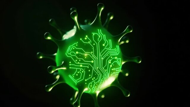 Green virus digital circuit concept with glowing futuristic technology infection, microbe illustration, science innovation, and electronic pathogen design featuring glowing circuit board pattern dark
