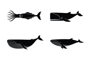 Four stylized silhouettes of marine life including a squid and three whales
