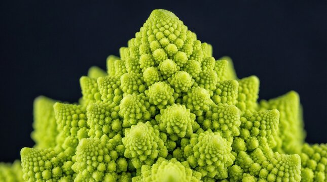 Intricate fractal pattern of vibrant green romanesco broccoli against dark background - Powered by Adobe